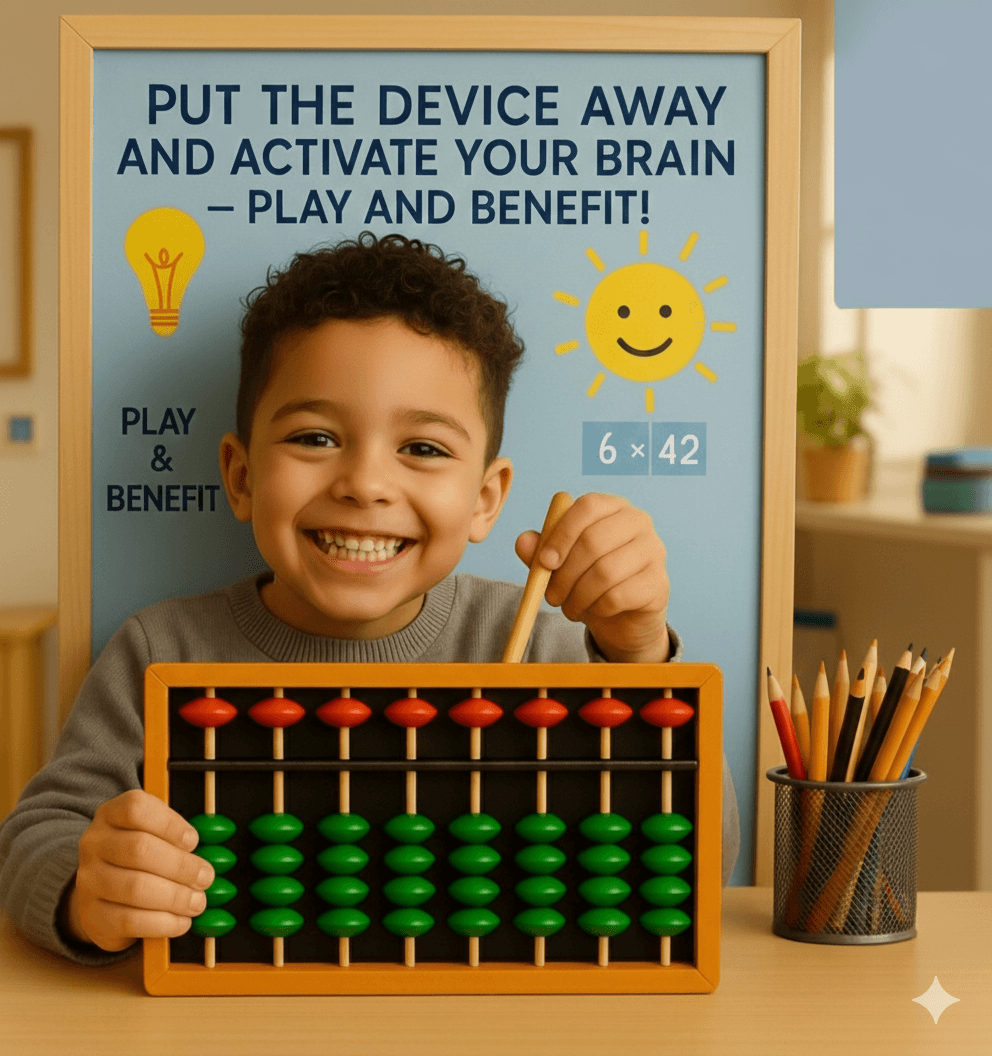 Child practicing mental math with a soroban